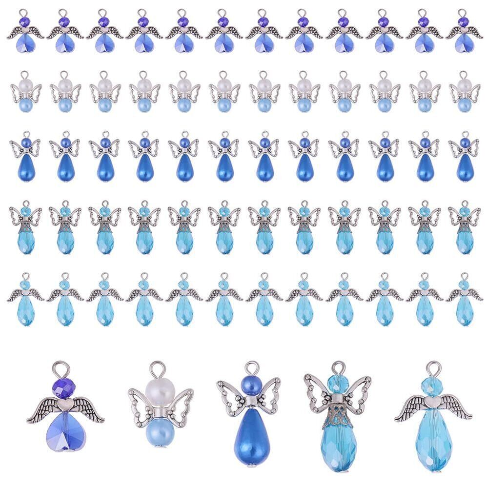 2312 60 pcs 5 Styles Blue Angel Wings Charm Angel Pendant Beads Alloy